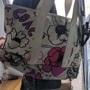 Coach Beige Canvas Tote with Pink Floral Print